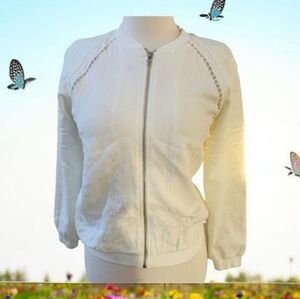 J.O.A. White Bomber Jacket Zipper Lightweight Coastal Textured Fabric sz M